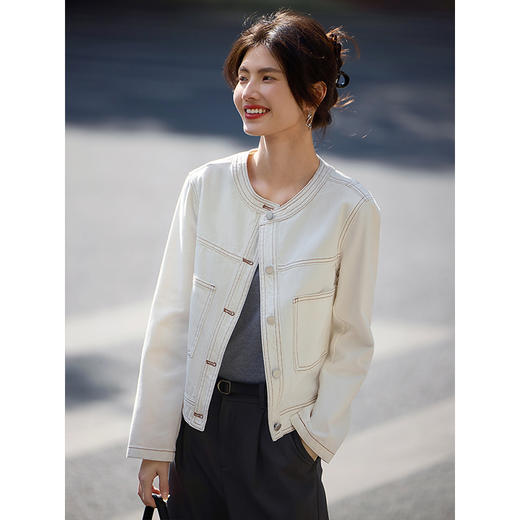 【春夏新品】熙世界小香风白色牛仔外套女2025春装新款重工明线短款夹克上衣 商品图2