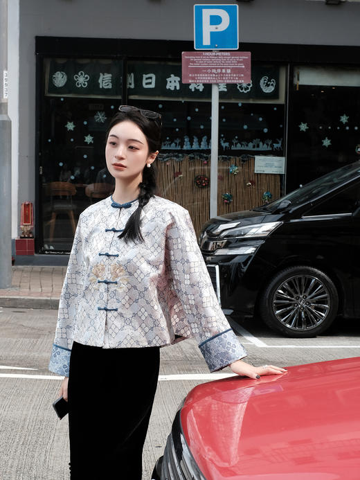 东方境X郭培| 牡丹刺绣提花新中式外套-灰蓝 商品图1