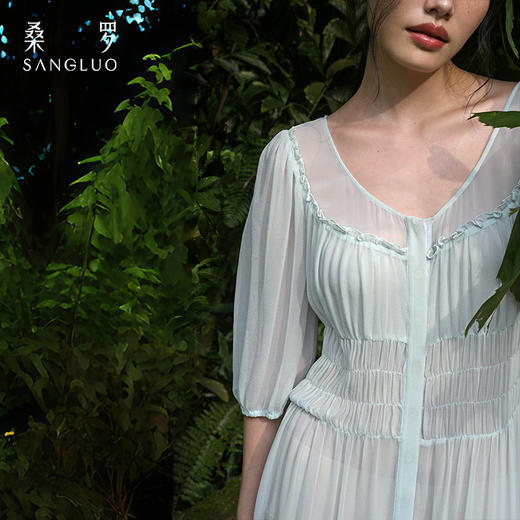 桑罗乔其纱睡裙睡袍套装蕾丝拼接桑蚕丝仙气轻纱晨袍浪漫度假 商品图3