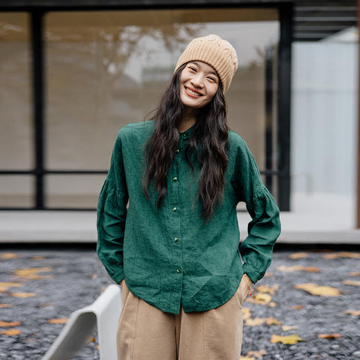 绽放旅行女装018朵/秋冬士林色织亚麻立领开襟落肩宽松长袖衬衫 商品图0