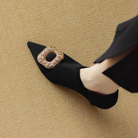 【预售5天】深口高跟单鞋女春秋新款钻扣黑色绒面尖头弹力踝靴DB&M6159