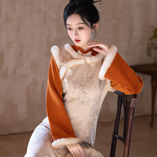 提花新中式改良旗袍加厚马甲加绒修身显瘦假两件ZL151 商品图1