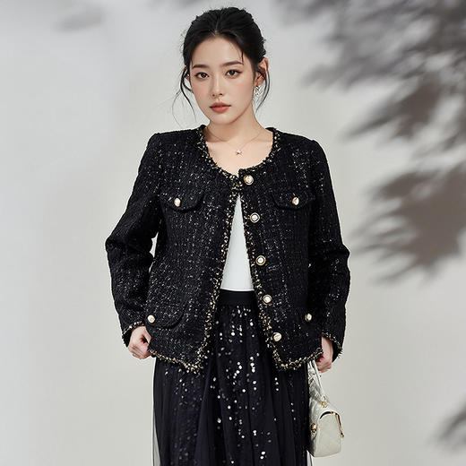 奢姿2025年春装新款大码女装简约小香风开衫胖妹妹粗花时尚外套9923352193 商品图1