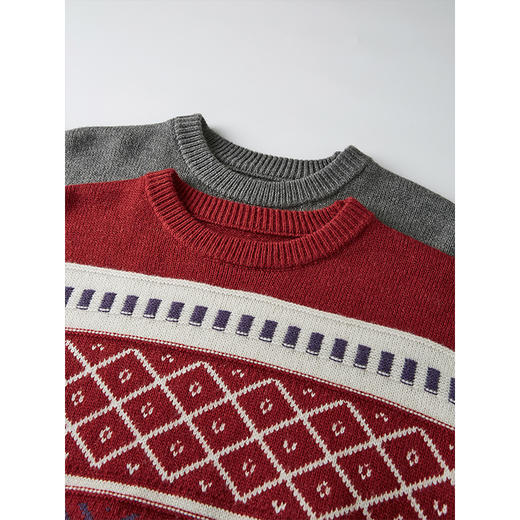 【89元福袋，不支持退换】熙世界2025春秋过年红色费尔岛针织衫慵懒宽松长袖撞色圆领上衣 商品图1