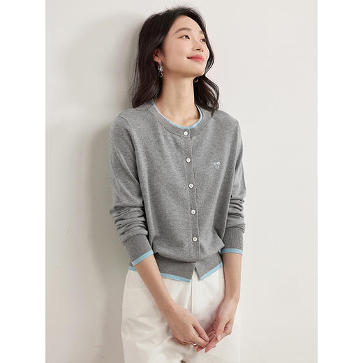 【春夏新品】熙世界安哥拉红假两件针织衫2025春秋新款休闲长袖羊毛开衫上衣 商品图3