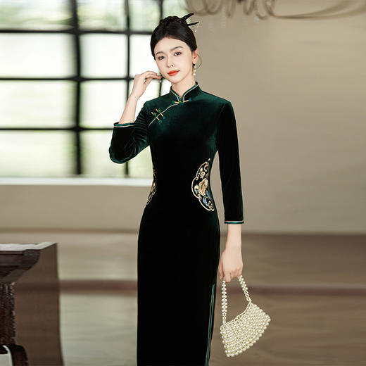 金丝绒走秀长款大气礼仪形体日常可穿旗袍ZL122 商品图0