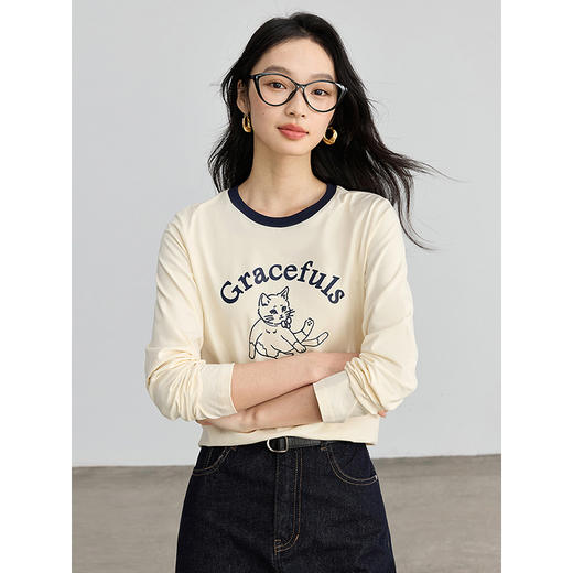 【年终特卖】熙世界2025春秋新款撞色圆领猫咪印花T恤长袖美式复古正肩上衣 商品图3