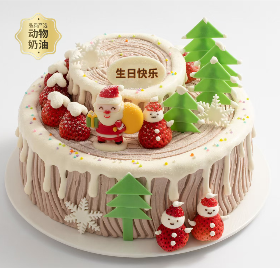 【圣诞树桩】圣诞节限定款蛋糕，手工刻制树桩年轮和大颗草莓甜润清新，奏响舌尖的圣诞颂歌（深圳幸福西饼蛋糕）