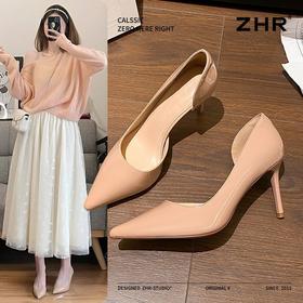 ZHR则则气质尖头高跟鞋女2025新款春裸色细跟高跟鞋性感浅口单鞋