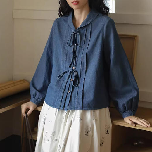 裁缝学苑AQ409水洗牛仔系带衬衫纸样女装法式复古长袖上衣衬衣样板 商品图1