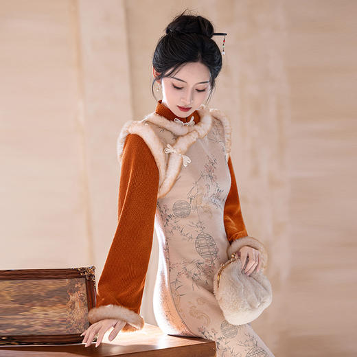提花新中式改良旗袍加厚马甲加绒修身显瘦假两件ZL151 商品图2