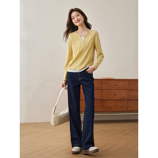 【129选3件，不退换】熙世界黑色长袖T恤春季2025年新款时尚V领设计感叠穿假两件上衣 商品图2