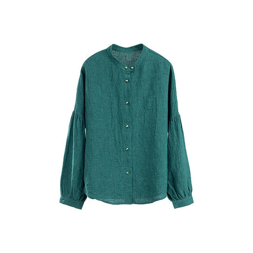 绽放旅行女装018朵/秋冬士林色织亚麻立领开襟落肩宽松长袖衬衫 商品图4