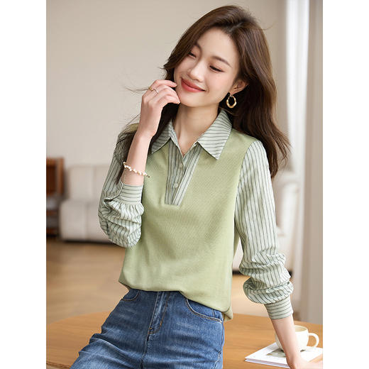 【春夏新品】熙世界假两件撞色条纹长袖衬衫拼接针织上衣女士衬衣2025早春新款 商品图2
