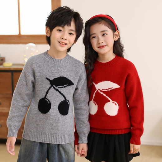 雀说双股加厚100纯羊毛半高领男女儿童同款针织衫樱桃刺绣套头毛衣ALT3080 商品图2