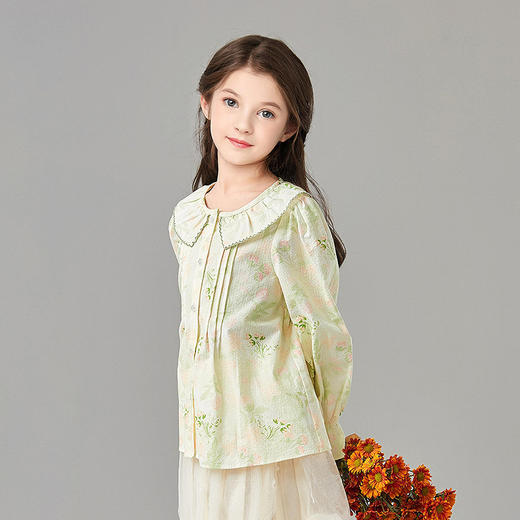 笛莎Deesha 童装女童衬衫2025春新款女童优雅花版翻领衬衫 商品图1