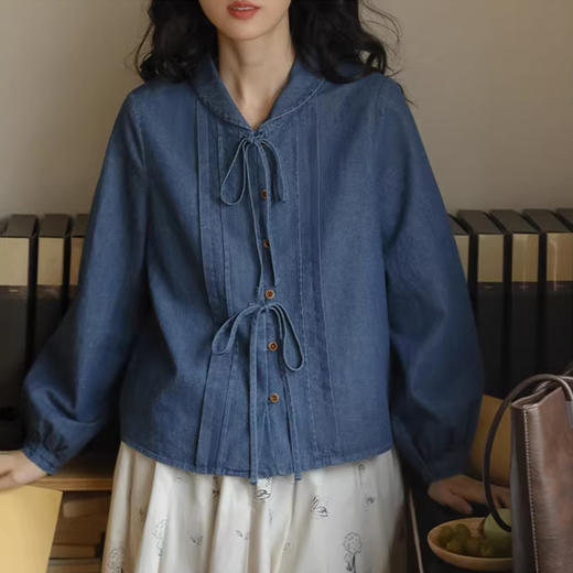 裁缝学苑AQ409水洗牛仔系带衬衫纸样女装法式复古长袖上衣衬衣样板 商品图4