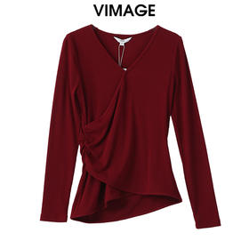 VIMAGE纬漫纪设计感修身显瘦V领长袖T恤小上衣2025春季新款V2313951