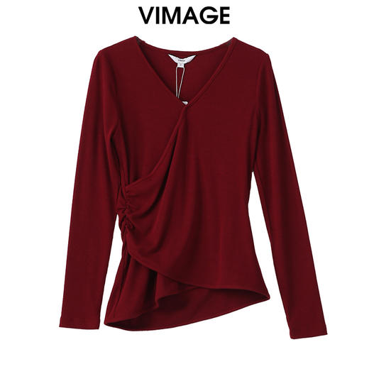 VIMAGE纬漫纪设计感修身显瘦V领长袖T恤小上衣2025春季新款V2313951 商品图0