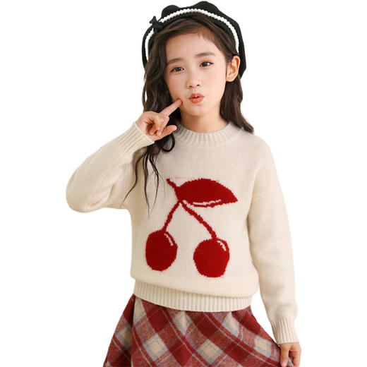 雀说双股加厚100纯羊毛半高领男女儿童同款针织衫樱桃刺绣套头毛衣ALT3080 商品图4