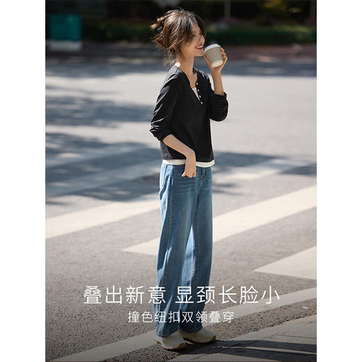 【129选3件，不退换】熙世界黑色长袖T恤春季2025年新款时尚V领设计感叠穿假两件上衣 商品图4