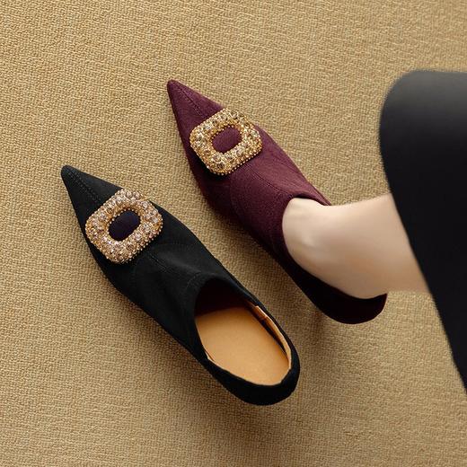 【预售5天】深口高跟单鞋女春秋新款钻扣黑色绒面尖头弹力踝靴DB&M6159 商品图3