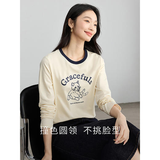 【年终特卖】熙世界2025春秋新款撞色圆领猫咪印花T恤长袖美式复古正肩上衣 商品图2