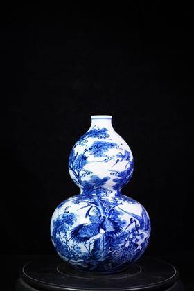 柴窑青花松鹤延年葫芦瓶
