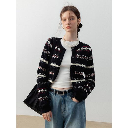 热力感百搭撞色提花长袖毛衣开衫短外套针织衫秋冬新款女S-2XL 商品图2