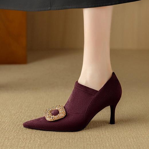 【预售5天】深口高跟单鞋女春秋新款钻扣黑色绒面尖头弹力踝靴DB&M6159 商品图4