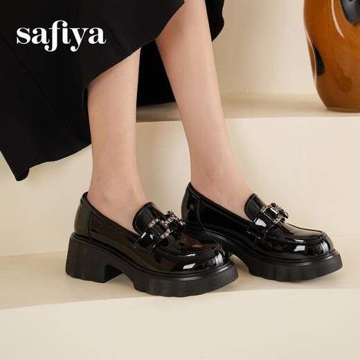 Safiya/索菲娅2025春英伦风粗跟漆皮钻扣轻便百搭小个子增高乐福鞋 SFD1112140 商品图3