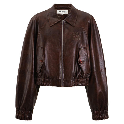 SELFWHO复古pu皮翻领夹克女2025春季新款机车高级拼接宽松短外套 商品图4