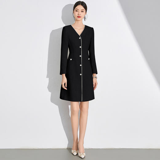 IWY/黑色连衣裙女小香风v领裙子小个子名媛通勤显瘦遮肚子小黑裙24Q611 商品图0