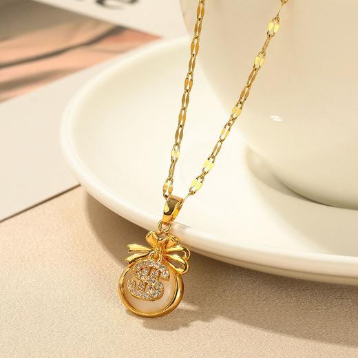 【蛇年爆款】高级微镶猫眼石钱袋项链钛钢锁骨链轻奢时尚百搭-#HZ 商品图2