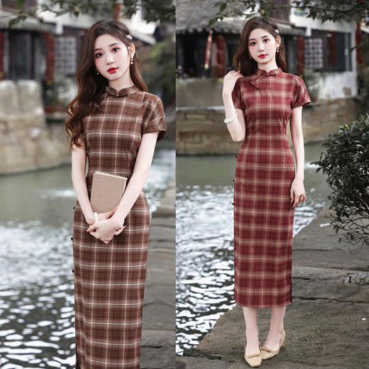 GX   TR棉文艺格子长款短袖旗袍2025春夏新款时尚改良少女款旗袍 商品图3
