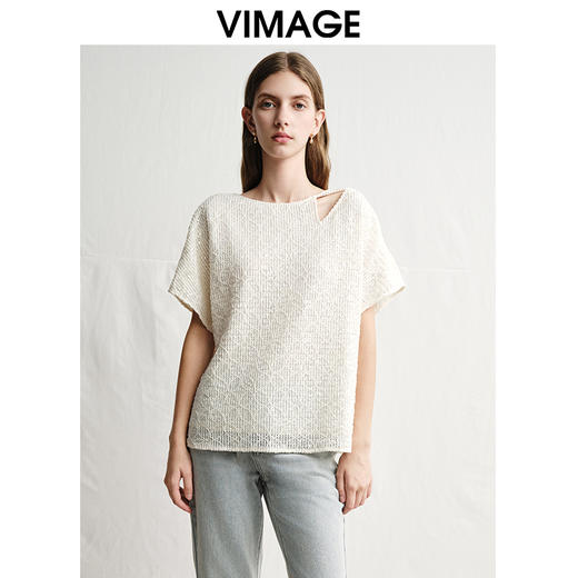 VIMAGE纬漫纪设计感镂空修身显瘦白色T恤小上衣2025春季新款V2302901 商品图3