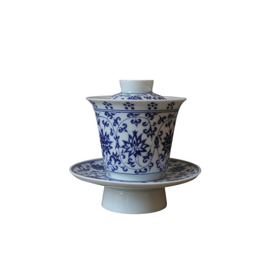 茶香记 凤天高足薄胎盖碗贴绘缠枝莲110ml景德镇陶瓷青花三才盖碗 商品图4