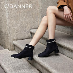 【静音系列】千百度羊皮粗中跟时装靴女冬季显瘦通勤短靴A24584115