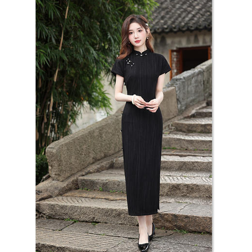 GX复古中国风黑色长款连袖旗袍2025春夏新款改良中式显瘦遮肉旗袍裙 商品图2