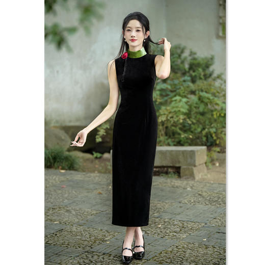 GX无袖金丝绒长款改良旗袍2025春夏新款年轻女士现代修身气质晚礼服 商品图2