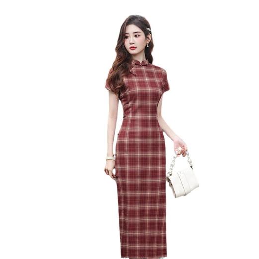 GX   TR棉文艺格子长款短袖旗袍2025春夏新款时尚改良少女款旗袍 商品图4