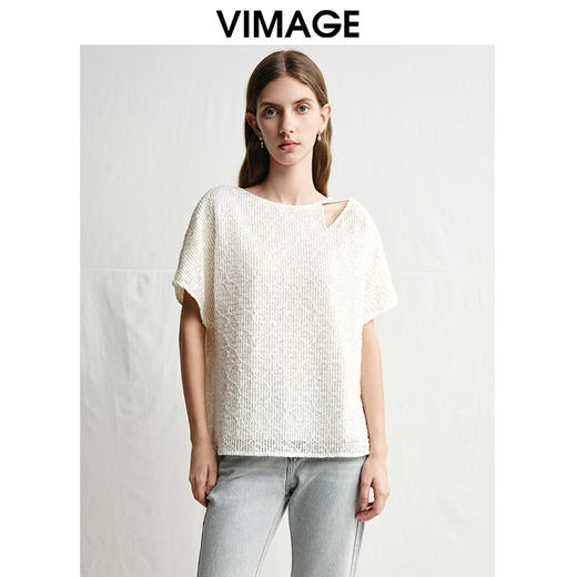 VIMAGE纬漫纪设计感镂空修身显瘦白色T恤小上衣2025春季新款V2302901 商品图5