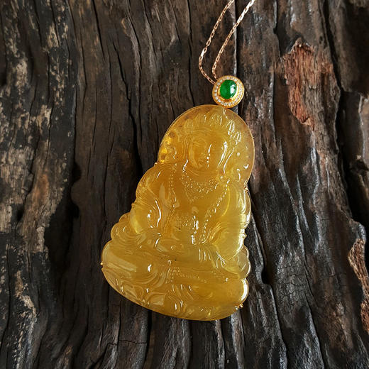 【天然正品】AU750收藏级黄金镶钻镶天然冰种黄翡翡翠观音（吉祥如意、事业有成）吊坠项链58*34.2*7.8mm（皆取最大值）中性现售价：10800！080125AH22 商品图4