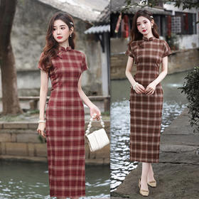GX   TR棉文艺格子长款短袖旗袍2025春夏新款时尚改良少女款旗袍