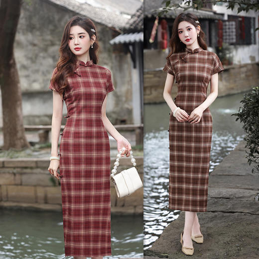 GX   TR棉文艺格子长款短袖旗袍2025春夏新款时尚改良少女款旗袍 商品图0