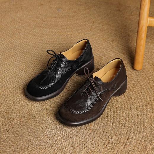 【预售5天】复古春季软底舒适深口单鞋新款羊皮拼接系带中跟黑色小皮鞋乐福鞋DPJ&2958 商品图4