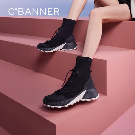 【Chic°主题款】千百度厚底高帮鞋女冬季新运动弹力袜靴休闲A24521516 商品图0