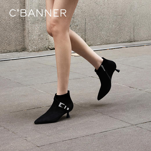 千百度羊皮小猫跟时装靴女款秋冬细高跟靴短靴A24567105 商品图0