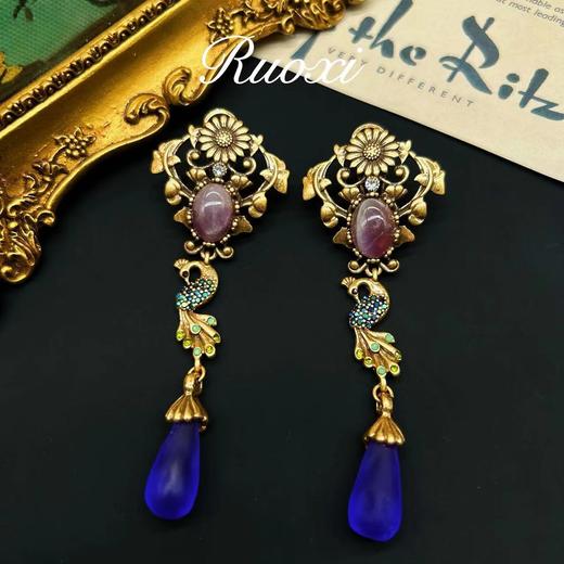 vintage00524 动物孔雀新中式玛瑙流苏古董宫廷古法耳环耳饰 商品图3