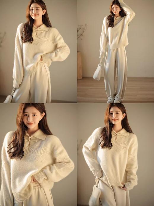 【‍秋冬女装丨新中式国风盘扣绞花毛衣】领口采用传统的国风盘扣设计，搭配移针挑花的绞花纹和立体提花，满满的中国元素，整体柚红色，美而不艳喜而不俗，版型简约优雅，上身温婉有韵味 商品图7